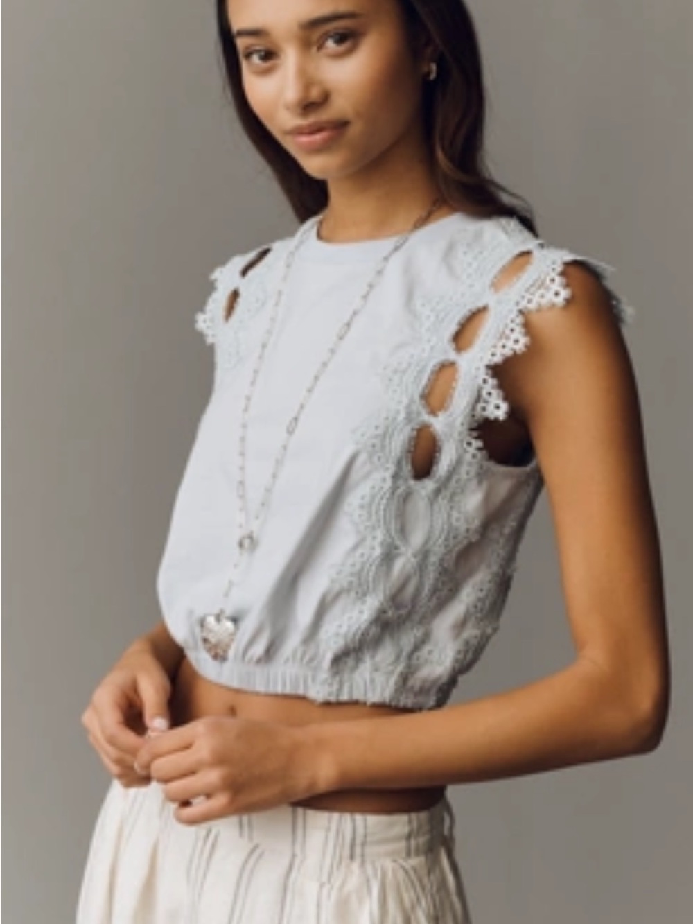 Anthropologie Ollari Lace Trim Cutout Bubble Top | Color Duck Egg